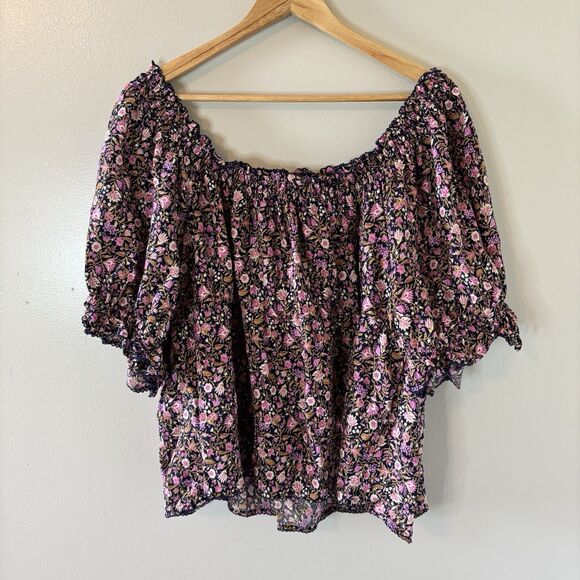 Old Navy Smocked Peasant Top Womens Purple Floral Short Sleeve Blouse Sz XXL - Picture 1 of 8